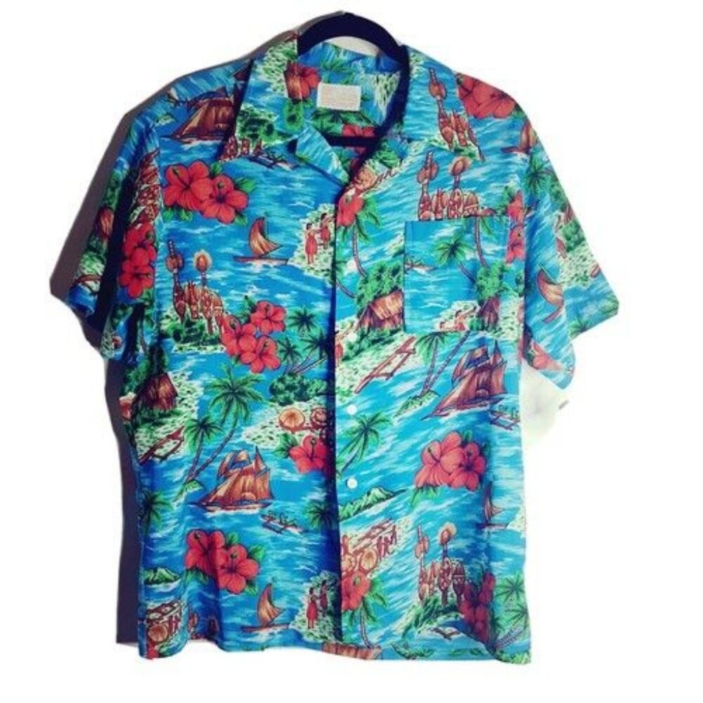 Vtg Sears Kings Road Hawaiian Shirt  Mens Large  Tiki Hula Beach Floral Aloha